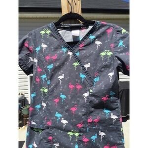 Cherokee womens scrub top medical nurse grey flamingo tropical XS extra small